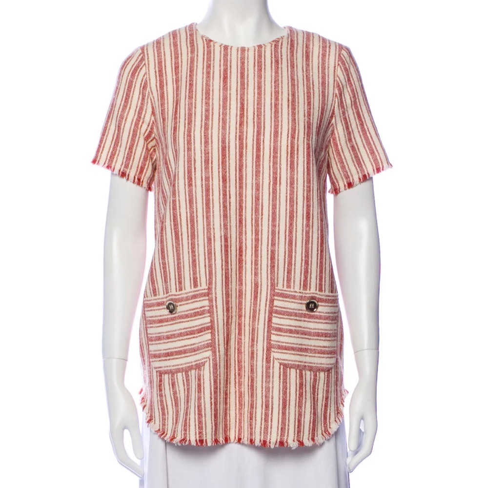 Rachel Zoe short sleeve Striped linen‎ blend tunic Top frayed hem crew neck